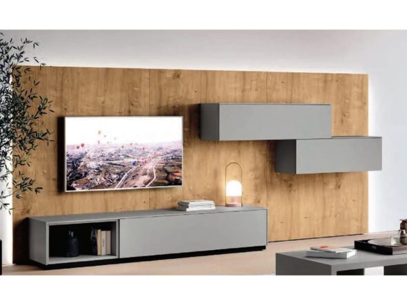 Composición de muebles de salón con vitrina y panel TV alistonado - Antaix
